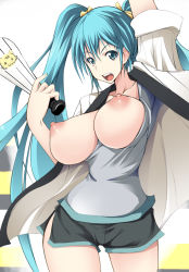 Rule 34 | 1girl, alternate breast size, aqua eyes, aqua hair, bad id, bad pixiv id, breasts, breasts out, gengoroh, hatsune miku, huge breasts, long hair, nipples, open mouth, puffy nipples, shirt, solo, twintails, very long hair, vocaloid
