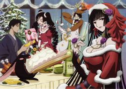 Rule 34 | 2boys, 2girls, absurdres, alcohol, animal costume, antlers, bare shoulders, black hair, bottle, breasts, cake, champagne, champagne flute, christmas, christmas cake, christmas ornaments, christmas present, christmas tree, cleavage, closed eyes, cup, doumeki shizuka, drinking glass, eating, expressionless, food, fur trim, gift, glasses, hand up, happy, hat, highres, holding, holding cup, horns, ichihara yuuko, indoors, japanese clothes, kimono, kunogi himawari, light smile, long hair, looking at viewer, mokona, multiple boys, multiple girls, off shoulder, official art, open mouth, red eyes, reindeer antlers, reindeer costume, santa costume, santa hat, short hair, sitting, smile, standing, table, turkey (food), twintails, watanuki kimihiro, xxxholic