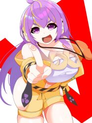 Rule 34 | 1girl, belt, blush, breasts, cleavage, hand on own hip, highres, indie virtual youtuber, jumpsuit, large breasts, long hair, navel, open mouth, pointing, pointing at viewer, purple eyes, purple hair, solo, tank top, thighhighs, vest, virtual youtuber, vividly vivi, white eyes, white tank top, yellow jumpsuit, yellow vest