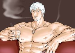 Rule 34 | 1boy, abs, alcohol, bara, biceps, cigarette, couch, creed (gyee), facial hair, glass, gyee, jewelry, kokorozashi, large pectorals, looking at viewer, male focus, manly, mature male, muscular, muscular male, necklace, nipples, pectorals, short hair, smoke, smoking, solo, spiked hair, stubble, tattoo, teeth, thick arms, thick eyebrows, upper body, whiskey, white hair, yellow eyes