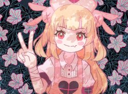 Rule 34 | 1girl, apron, bandaged wrist, bandages, black background, blonde hair, blunt bangs, blush stickers, center frills, closed mouth, collared dress, dappled sunlight, dress, fang, floral background, flower, flower request, frills, hair ornament, hand up, hat, highres, long hair, looking at viewer, natori sana, nurse cap, pink apron, puffy short sleeves, puffy sleeves, rabbit hair ornament, red eyes, sana channel, short sleeves, skin fang, smile, solo, sunlight, two side up, uekusa wataru, upper body, v, white dress, white flower