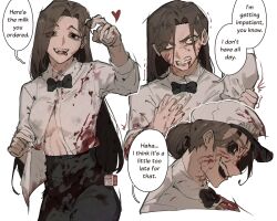 Rule 34 | 1girl, beret, black sclera, blood, blood on face, bloody weapon, bottle, bow, bowtie, breasts, brown eyes, brown hair, clenched teeth, collared shirt, colored sclera, commentary, english commentary, english text, flying-frappuccino, francis mosses, genderswap, genderswap (mtf), hat, heart, highres, lactation, long hair, long sleeves, looking at viewer, medium breasts, milk, milk bottle, open mouth, pants, shirt, simple background, speech bubble, teeth, that&#039;s not my neighbor, tongue, undressing, weapon, white background, white shirt, yellow eyes