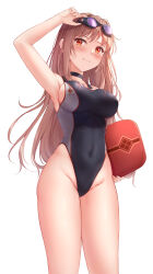 Rule 34 | adjusting eyewear, arm up, black choker, black one-piece swimsuit, blush, breasts, choker, closed mouth, competition swimsuit, goddess of victory: nikke, goggles, hand on eyewear, highleg, highleg swimsuit, holding table, large breasts, light brown hair, long hair, muwa12, official alternate costume, one-piece swimsuit, rapi (classic vacation) (nikke), rapi (nikke), red eyes, smile, swimsuit, white one-piece swimsuit