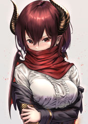 Rule 34 | 1girl, 910 kud, absurdres, black jacket, blush, breasts, commentary request, dragon horns, dragon wings, granblue fantasy, grea (shingeki no bahamut), grey background, hair between eyes, highres, horns, jacket, large breasts, pointy ears, purple hair, red eyes, red scarf, scarf, scarf over mouth, shingeki no bahamut, shirt, solo, upper body, valentine, white shirt, wings