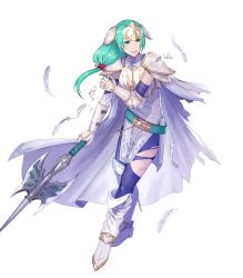 Rule 34 | 1girl, aqua eyes, aqua hair, arm guards, armor, belt, boots, breastplate, broken armor, cape, clenched teeth, elbow gloves, elbow pads, feathers, female focus, fingerless gloves, fire emblem, fire emblem: path of radiance, fire emblem heroes, full body, gloves, hair ornament, hand up, headpiece, highres, holding, holding polearm, holding spear, holding weapon, lips, long hair, looking away, low-tied long hair, matching hair/eyes, nintendo, non-web source, official art, pantyhose, parted lips, pikomaro, polearm, sigrun, solo, spear, teeth, torn cape, torn clothes, torn pantyhose, transparent background, weapon, white armor, white cape, white footwear