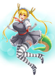 Rule 34 | 10s, 1girl, :d, absurdres, ascot, black dress, black footwear, blonde hair, blush, breasts, collared shirt, dragon girl, dragon horns, dragon tail, dress, dress shirt, elbow gloves, fang, feathers, frilled skirt, frilled sleeves, frills, full body, gloves, gradient eyes, hair between eyes, hands up, high heels, highres, horns, irudana, kobayashi-san chi no maidragon, large breasts, long hair, looking at viewer, maid, maid headdress, multicolored eyes, necktie, open mouth, orange eyes, puffy short sleeves, puffy sleeves, red ascot, red hair, red necktie, sash, scales, shirt, shoes, short dress, short sleeves, sidelocks, skirt, sleeveless, sleeveless dress, smile, solo, standing, striped clothes, striped thighhighs, tail, thighhighs, tohru (maidragon), twintails, very long hair, white gloves, white shirt, yellow eyes