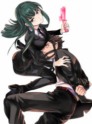 Rule 34 | 1boy, 1girl, arms behind back, bdsm, beard, belt, black eyes, black hair, blunt bangs, bondage, bound, breast rest, breasts, breasts on head, censored, darker than black, dildo, facial hair, femdom, formal, from above, gag, gagged, green hair, hazuki mina (darker than black), high heels, imminent rape, jacket, long hair, looking up, lying, necktie, ocha (oteaaa), on side, one eye closed, pant suit, pants, rope, sex toy, shizume genma, shoes, short hair, simple background, sitting, suit, vibrator, wariza, white background, wink