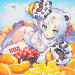 Rule 34 | 1girl, animal ears, bear, bear ears, bear paws, blue eyes, breasts, food, forehead jewel, fruit, highres, kaito (k4itoh), lace, lace-trimmed legwear, lace trim, light blush, looking at viewer, lying, on side, open mouth, orange (fruit), original, polar bear, red footwear, skindentation, small breasts, solo, thighhighs, white hair, white thighhighs