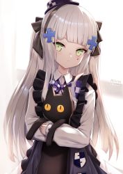 Rule 34 | 1girl, animal, animal hug, apron, black apron, black cat, black hairband, black headwear, bow, cat, checkered bow, checkered clothes, checkered headwear, closed mouth, collared dress, commentary, dress, english commentary, facial mark, frilled apron, frills, girls&#039; frontline, green eyes, hairband, highres, hk416 (black kitty&#039;s gift) (girls&#039; frontline), hk416 (girls&#039; frontline), long hair, looking at viewer, nekoya (liu), official alternate costume, signature, solo, tilted headwear, twitter username, very long hair, white dress, white hair, aged down