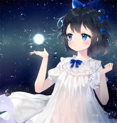 Rule 34 | 1girl, bad id, bad twitter id, black hair, blue bow, blue eyes, blush, bow, closed mouth, commentary request, dress, expressionless, hair bow, hands up, liby (libtnvd), looking to the side, orb, original, outstretched hand, puffy short sleeves, puffy sleeves, short hair, short sleeves, solo, water drop, white dress