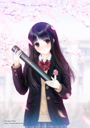 Rule 34 | 1girl, artist name, black hair, black jacket, blazer, blurry, blush, bow, bowtie, branch, buttons, cherry blossoms, crying, crying with eyes open, depth of field, diploma, falling petals, flower, head tilt, holding, jacket, kazuharu kina, long hair, long sleeves, looking to the side, open clothes, original, outdoors, petals, pink flower, pink rose, plaid, plaid skirt, pleated skirt, rose, school uniform, skirt, solo, spring (season), striped bow, striped bowtie, striped clothes, striped neckwear, sweater vest, tears, tube, uniform, watermark, web address