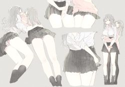 Rule 34 | 2girls, ass grab, bare legs, black legwear, black skirt, closed mouth, commentary request, cropped legs, closed eyes, fuyuri (tibirobo), grey background, grey hair, hand on another&#039;s hand, hand on another&#039;s thigh, highres, hug, hug from behind, jitome, kiss, kneepits, legs, long hair, multiple girls, multiple views, original, panties, pantyhose, pink sweater, pleated skirt, school uniform, scrunchie, shirt, shirt tucked in, simple background, skirt, socks, sweater, thigh grab, thighs, underwear, upskirt, white panties, white shirt, wrist scrunchie, yuri