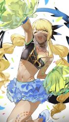 Rule 34 | 1girl, blonde hair, body markings, cheering, cheerleader, chin piercing, dragon horns, dragon tail, fate/grand order, fate (series), frilled skirt, frills, highres, horns, la-na, midriff, mouth veil, navel, one eye closed, pom pom (cheerleading), skirt, tail, twintails, veil, vritra (fate), yellow eyes