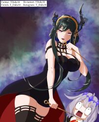 Rule 34 | 2girls, absurdres, alternate costume, anya (spy x family), anya (spy x family) (cosplay), asymmetrical horns, black hair, blue hair, breasts, cleavage, colored inner hair, cosplay, demon horns, highres, hololive, hololive english, horns, koseki bijou, large breasts, mole, mole under eye, multicolored hair, multiple girls, nerissa ravencroft, non-web source, open mouth, red eyes, self-upload, smile, spy x family, tdubz34, virtual youtuber, yor briar, yor briar (cosplay)