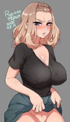 Rule 34 | 1girl, 2020, agawa ryou, annoyed, blue eyes, blush, braid, breasts, brown hair, cleavage, clothes lift, commentary, dated, grey background, large breasts, looking at viewer, no panties, original, simple background, skirt, skirt lift, solo, thighs