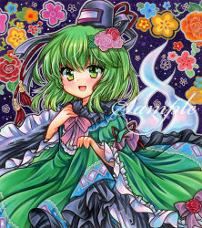 Rule 34 | 1girl, :d, black hat, black ribbon, collared dress, dress, embellished costume, floral background, flower, frilled dress, frilled sleeves, frills, ghost tail, green dress, green eyes, green hair, hair flower, hair ornament, hand up, hat, hat ribbon, long sleeves, looking at viewer, marker (medium), medium hair, ofuda, ofuda on clothes, open mouth, pink flower, pink rose, red flower, red rose, ribbon, rose, rui (sugar3), sample watermark, skirt hold, smile, soga no tojiko, solo, tassel, tate eboshi, touhou, traditional media, watermark, wide sleeves