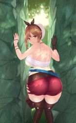 Rule 34 | 1girl, :o, ass, atelier (series), atelier ryza, back, bare shoulders, belt, blush, boots, breasts, brown eyes, brown gloves, brown hair, cait aron, day, from behind, gloves, hair ornament, hairclip, hat, highres, huge ass, large breasts, looking at viewer, looking back, open mouth, outdoors, parted lips, red shorts, reisalin stout, short hair, short shorts, shorts, sideboob, single glove, solo, thigh boots, thigh strap, thighhighs, thighs, white hat