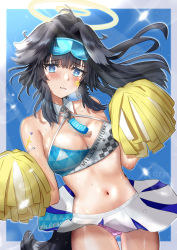 Rule 34 | 1girl, absurdres, animal ears, bare shoulders, black hair, blue archive, blue eyes, blush, breasts, cheerleader, cleavage, clothes writing, collarbone, cowboy shot, dog ears, dog girl, dog tail, gluteal fold, goggles, goggles on head, halo, hibiki (blue archive), hibiki (cheer squad) (blue archive), highres, holding, holding pom poms, long hair, looking at viewer, midriff, millennium cheerleader outfit (blue archive), miniskirt, momurya, navel, official alternate costume, panties, pink panties, pleated skirt, pom pom (cheerleading), pom poms, ponytail, skirt, solo, stained clothes, sticker on arm, sticker on face, stomach, sweat, sweaty clothes, tail, thighs, underwear, white skirt, yellow halo
