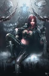 Rule 34 | 1girl, breasts, cleavage, katarina (league of legends), large breasts, league of legends, midriff, navel, pu reum lee, red hair, scar, scar across eye, scar on face, sitting, solo, sword, weapon