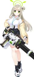 Rule 34 | 1girl, 9ml, ammunition belt, ammunition box, blue archive, breasts, fingerless gloves, full body, gatling gun, gloves, green eyes, grey hair, halo, highres, id card, jacket, large breasts, minigun, nonomi (blue archive), official art, open clothes, open jacket, school uniform, shoes, sneakers, socks, solo, transparent background, weapon request
