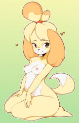 Rule 34 | 1girl, animal crossing, animal ears, artist name, barefoot, black eyes, blonde hair, blush stickers, breasts, closed mouth, coffeechicken, collarbone, dog ears, dog girl, dog tail, female focus, forehead, full body, furry, furry female, gradient background, green background, hair-tie, happy, heart, isabelle (animal crossing), looking to the side, navel, nintendo, nipples, nude, outline, seiza, short hair, simple background, sitting, small breasts, smile, solo, tail, topknot, watermark, white outline