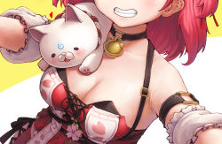Rule 34 | 1girl, 35p (sakura miko), animal, animal on shoulder, bell, breasts, brown collar, cat, cat on shoulder, cleavage, collar, detached sleeves, frilled sleeves, frills, gooster, grin, head out of frame, highres, hololive, long hair, medium breasts, neck bell, red hair, red shirt, sakura miko, sakura miko (work), selfie, shirt, short sleeves, simple background, smile, solo, virtual youtuber