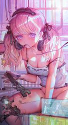 Rule 34 | 1girl, android, blue eyes, blush, breasts, cable, camisole, cyborg, headgear, headphones, heads-up display, highres, holding, indoors, joints, large breasts, leaning forward, long hair, looking at viewer, mechanical parts, mouth hold, off shoulder, original, pink hair, purple eyes, robot joints, shoulder tattoo, sitting, solo, sweat, tattoo, voruvoru