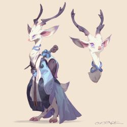 Rule 34 | 1other, androgynous, antlers, artist name, backpack, bag, blue collar, blue eyes, blue robe, clothing cutout, cloven hooves, collar, commentary, deer tail, digitigrade, from side, full body, furry, highres, hooves, horizontal pupils, horns, jewelry, multiple views, murayama ryota, original, pendant, purple eyes, robe, signature, simple background, sleeves past fingers, sleeves past wrists, standing, tail, tail through clothes, two-tone eyes, wide sleeves, yellow background