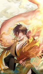 Rule 34 | 1boy, absurdres, alternate costume, chinese clothes, cloud, dragon, eastern dragon, genshin impact, gradient hair, hanfu, highres, lofter, lofter logo, looking at viewer, multicolored hair, outdoors, roubingruby, solo, solo focus, zhongli (genshin impact)