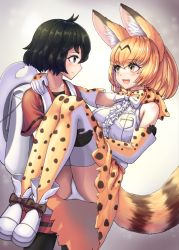 Rule 34 | 2girls, absurdres, animal ears, arm around neck, ass, black eyes, black gloves, black hair, blush, bow, bowtie, breast pocket, breasts, carrying, closed mouth, collarbone, elbow gloves, gloves, highres, kaban (kemono friends), kemono friends, large breasts, looking at another, multicolored bowtie, multicolored clothes, multicolored gloves, multicolored legwear, multiple girls, neukkom, open mouth, orange bow, orange bowtie, orange eyes, orange gloves, orange hair, orange legwear, orange skirt, panties, pantyshot, pocket, princess carry, serval (kemono friends), serval print, shirt, short hair, skirt, sleeveless, sleeveless shirt, smile, tail, thighhighs, traditional bowtie, underwear, wavy hair, white bow, white bowtie, white gloves, white legwear, white panties