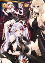 Rule 34 | 4girls, absurdres, aiguillette, alcohol, alt3r, antenna hair, armlet, azur lane, bare shoulders, bismarck (azur lane), bismarck (beacon of the iron blood) (azur lane), bismarck (beacon of the iron blood) (azur lane), black dress, black gloves, black legwear, blonde hair, blue eyes, blush, bow, bowtie, breasts, brown eyes, champagne flute, cherry, cleavage, clothes lift, clothing cutout, collarbone, commentary, cowboy shot, cross, cross earrings, cup, dress, dress lift, drinking glass, earrings, elbow gloves, evening gown, finger to mouth, fingerless gloves, flower, food, fruit, glint, gloves, hair between eyes, hair bow, hair ornament, hair ribbon, half gloves, halter dress, halterneck, hand up, headgear, highres, holding, holding cup, holding tray, huge filesize, hurricane glass, indoors, iron cross, jewelry, large breasts, light brown hair, long hair, looking at viewer, manjuu (azur lane), mole, mole on breast, multicolored bow, multicolored hair, multiple girls, open mouth, prinz eugen (azur lane), prinz eugen (cordial cornflower) (azur lane), railing, red hair, ribbon, roon (azur lane), roon (dark red grin) (azur lane), short hair, shoulder cutout, sidelocks, silver hair, sitting, sleeveless, smile, stairs, standing, streaked hair, swept bangs, thighhighs, thighlet, tray, two side up, underboob, underboob cutout, very long hair, whiskey, wine glass, z23 (azur lane), z23 (the banquet&#039;s honor student) (azur lane)