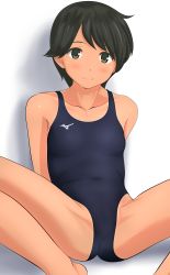 Rule 34 | 1girl, absurdres, black hair, black one-piece swimsuit, brown eyes, collarbone, commentary request, competition swimsuit, flat chest, highres, kantai collection, looking at viewer, mizuno (brand), mogami (kancolle), one-piece swimsuit, short hair, simple background, smile, solo, spread legs, swimsuit, takafumi, tan, tanline, white background