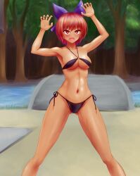 Rule 34 | 1girl, arms up, bikini, black bikini, black footwear, blush, bow, breasts, cleavage, commentary request, feet out of frame, hair bow, highres, looking at viewer, medium breasts, mikotouca, navel, open mouth, outdoors, purple bow, red eyes, red hair, sekibanki, short hair, solo, swimsuit, tan, touhou, variant set