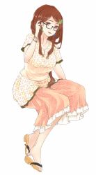 Rule 34 | 1girl, brown hair, contemporary, earrings, futatsuiwa mamizou, futatsuiwa mamizou (human), glasses, hair ornament, hairclip, invisible chair, jewelry, leaf, leaf hair ornament, long skirt, mayoln, sandals, simple background, sitting, skirt, smile, solo, touhou, white background, yellow eyes