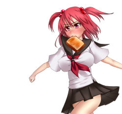 Rule 34 | 1girl, alternate costume, blush, bread slice, female focus, food, food in mouth, hair bobbles, hair ornament, impossible clothes, impossible shirt, late for school, mouth hold, neckerchief, onozuka komachi, red eyes, red hair, school uniform, serafuku, shirt, skirt, solo, tears, toast, toast in mouth, tori (minamopa), touhou, two side up