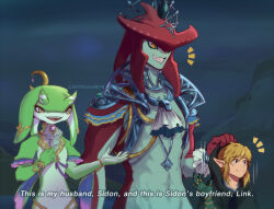 Rule 34 | 1girl, 2boys, artist name, bisexual male, blonde hair, commentary, english commentary, english text, grin, hand up, holding, horns, jewelry, link, love triangle, motion lines, multiple boys, naomi skye, necklace, nintendo, outdoors, pointy ears, sidelocks, sidon, smile, standing, the legend of zelda, the legend of zelda: tears of the kingdom, waving, yellow eyes, yona (zelda), zora
