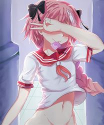 Rule 34 | 1boy, absurdres, astolfo (fate), astolfo (sailor paladin) (fate), bow, braid, condom, condom in mouth, covering own eyes, fate/apocrypha, fate/grand order, fate (series), hair bow, hand up, highres, long hair, male focus, mouth hold, multicolored hair, navel, neckerchief, official alternate costume, out-of-frame censoring, pink hair, school uniform, single braid, solo, standing, trap, trap (drthumt), two-tone hair, v