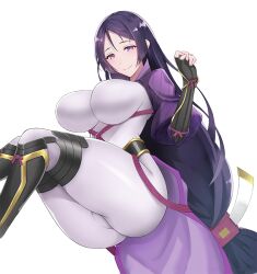 Rule 34 | 1girl, arm guards, armor, blush, bodysuit, breasts, fate/grand order, fate (series), huge breasts, japanese armor, long hair, looking at viewer, low-tied long hair, minamoto no raikou (fate), parted bangs, purple bodysuit, purple eyes, purple hair, rope, sano jinya, simple background, skin tight, smile, solo, thighs, very long hair, white background