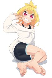Rule 34 | 1girl, bare shoulders, barefoot, bike shorts, black shorts, blonde hair, borrowed character, breasts, commentary request, foreshortening, full body, grin, hand up, highres, long sleeves, looking at viewer, off-shoulder sweater, off shoulder, original, owasaki, pinching sleeves, red eyes, shadow, short shorts, shorts, simple background, sleeves past wrists, small breasts, smile, soles, solo, sweater, white background, white sweater