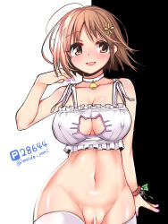 Rule 34 | 10s, 1girl, bar censor, bare shoulders, bell, blush, bottomless, bra, bracelet, breasts, brown eyes, brown hair, cat cutout, cat lingerie, censored, choker, cleavage, cleavage cutout, clothing cutout, covered erect nipples, curvy, flower, hair flower, hair ornament, highres, idolmaster, idolmaster cinderella girls, jewelry, jingle bell, large breasts, meido yomi, meme attire, mimura kanako, navel, neck bell, no panties, open mouth, pussy, short hair, smile, solo, thighhighs, twitter username, underwear, white bra, white thighhighs, wide hips
