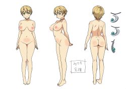 Rule 34 | 1girl, arms behind back, ass, backboob, blonde hair, blush, boku to misaki-sensei, breasts, character sheet, concept art, green eyes, highres, jewelry, large breasts, looking at viewer, misaki-sensei, multiple views, navel, necklace, nipples, nude, official art, production art, pussy, shiny skin, short hair, smile, standing, takami akio