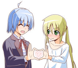 Rule 34 | 1boy, 1girl, ayasaki hayate, blonde hair, blue hair, blush, butler, commentary request, closed eyes, formal, green eyes, hata kenjirou, hayate no gotoku!, heart, heart hands, heart hands duo, highres, long hair, looking at another, sanzen&#039;in nagi, shirt, simple background, smile, standing, string tie, suit, twintails, white background, white shirt