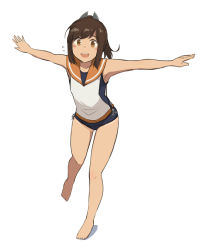 Rule 34 | 1girl, barefoot, blue one-piece swimsuit, brown eyes, brown hair, full body, i-401 (kancolle), kantai collection, kugui kiyunemu, looking at viewer, one-piece swimsuit, open mouth, orange sailor collar, outstretched arms, ponytail, round teeth, sailor collar, school uniform, shirt, short hair, short ponytail, side-tie shirt, simple background, sleeveless, sleeveless shirt, solo, swimsuit, swimsuit under clothes, tan, tanline, teeth, upper teeth only, white background