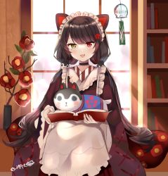 Rule 34 | 1girl, :d, animal ears, apron, black choker, black hair, blush, book, bookshelf, brown eyes, brown kimono, choker, commentary request, dog ears, dog hair ornament, fangs, flower, frilled apron, frills, hair flower, hair ornament, heterochromia, holding, holding book, inui toko, japanese clothes, kimono, long sleeves, looking at viewer, lunacats, maid, maid headdress, nijisanji, open book, open mouth, red eyes, red flower, sitting, smile, solo, virtual youtuber, wa maid, white apron, wide sleeves, wind chime, window