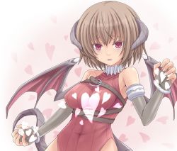 Rule 34 | 1girl, amane hasuhito, bad id, bad pixiv id, breasts, brown hair, character request, demon girl, female focus, fingerless gloves, gloves, gradient background, heart, horns, purple eyes, short hair, solo, source request, tail, wings