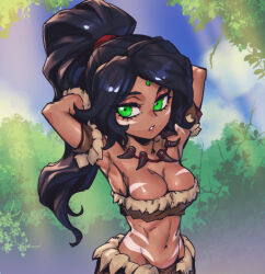Rule 34 | 1girl, armpits, arms behind head, bare shoulders, black hair, body markings, breasts, bush, cleavage, dark-skinned female, dark skin, day, facial mark, fur-trimmed skirt, fur trim, green eyes, jewelry, large breasts, league of legends, linea alba, long hair, looking at viewer, navel, necklace, nidalee, outdoors, phantom ix row, ponytail, skirt, sky, solo, standing, stomach, teeth, toned female, toned stomach, tooth necklace, tree, very long hair