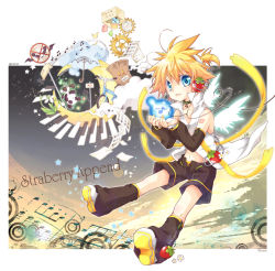 Rule 34 | 1boy, 96mame, angel wings, bad id, bad pixiv id, blonde hair, blue eyes, child, choker, food, fruit, highres, kagamine len, kagamine len (append), male focus, nail polish, outdoors, sky, solo, strawberry, vocaloid, vocaloid append, wings