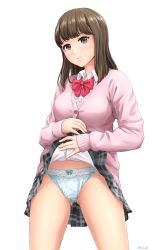 Rule 34 | 1girl, artist name, blue panties, blush, bow, bow panties, breasts, brown eyes, brown hair, cardigan, closed mouth, clothes lift, dress shirt, gluteal fold, grey skirt, highres, legs apart, lifted by self, looking at viewer, medium breasts, original, panties, plaid, plaid skirt, pleated skirt, polka dot, polka dot panties, school uniform, shirt, signature, simple background, skirt, skirt lift, solo, thighs, underwear, white background, white shirt, yurashima