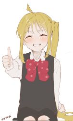 Rule 34 | 1girl, ahoge, black skirt, black sweater vest, blonde hair, blush, bocchi the rock!, bow, bowtie, closed eyes, collared shirt, corrupted twitter file, facing viewer, feet out of frame, highres, ijichi nijika, long hair, long sleeves, mads ez, red bow, red bowtie, school uniform, shimokitazawa high school uniform, shirt, side ponytail, sidelocks, signature, sitting, skirt, smile, sweater vest, thumbs up, very long hair, white background, white shirt