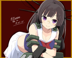 Rule 34 | 10s, 1girl, bent over, black gloves, breasts, brown hair, choukai (kancolle), cleavage, dated, glasses, gloves, headgear, kantai collection, large breasts, long hair, machinery, midriff, purple eyes, skirt, smile, solo, twitter username, wara (warapro)